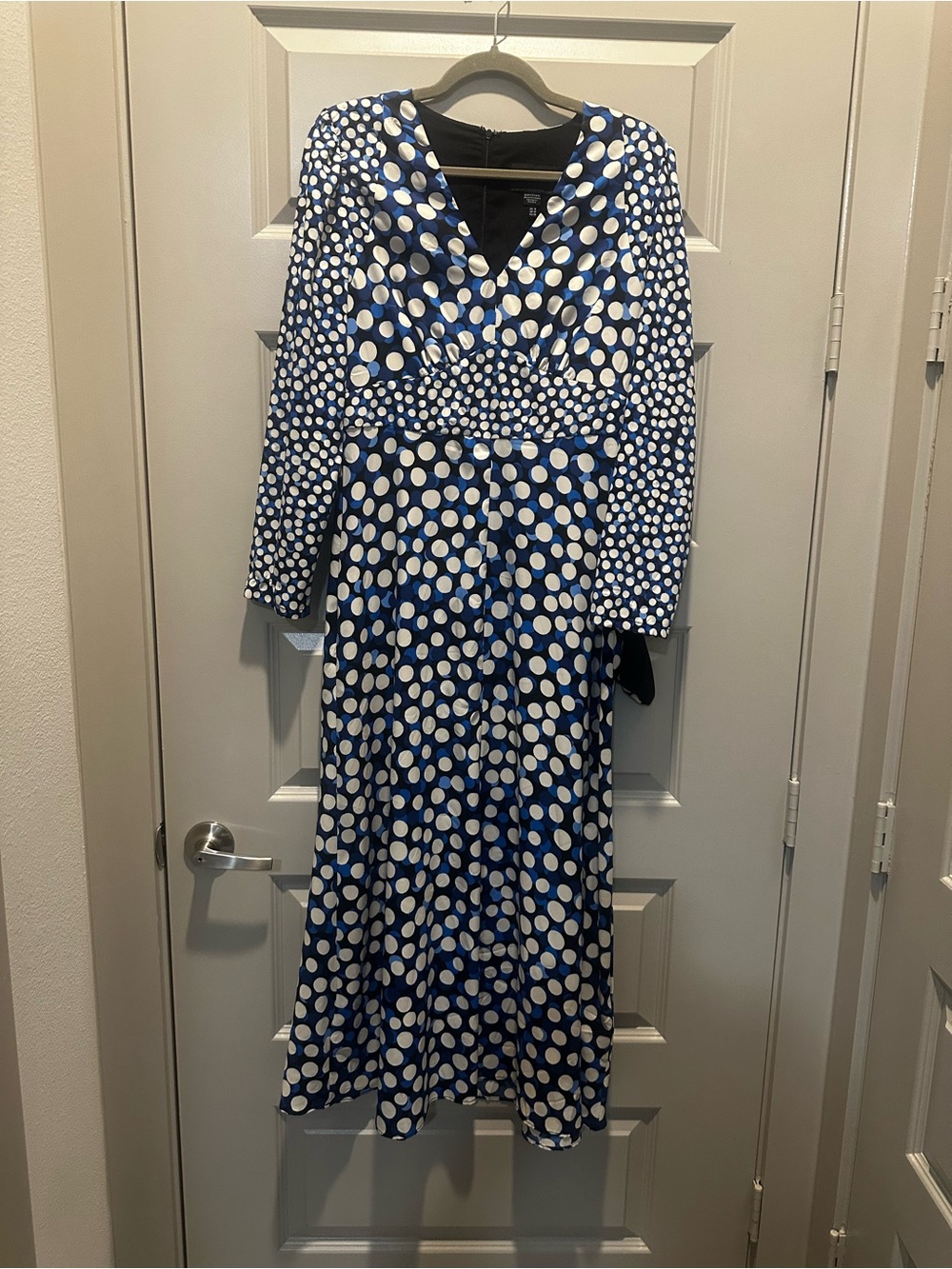 Donna Morgan Blue and White Polka Dot V-Neck Maxi Dress